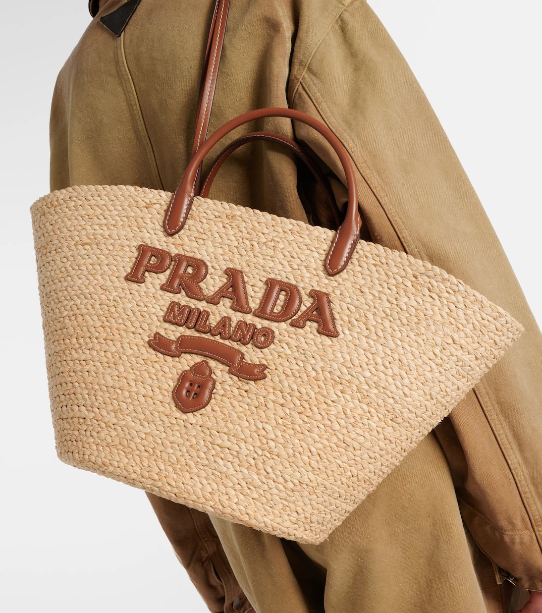 Prada - Logo leather-trimmed raffia basket bag