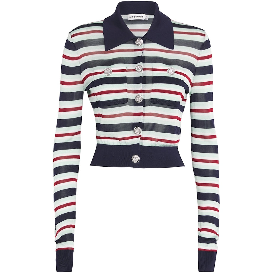 Self-Portrait Blue Crystal-Embellished Stripe Cardigan
