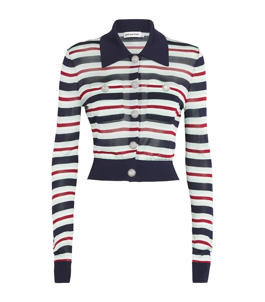 Self-Portrait Blue Crystal-Embellished Stripe Cardigan