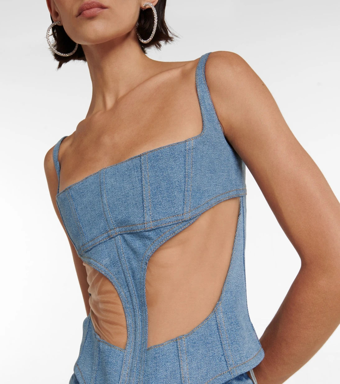 Mugler - Denim and mesh corset top