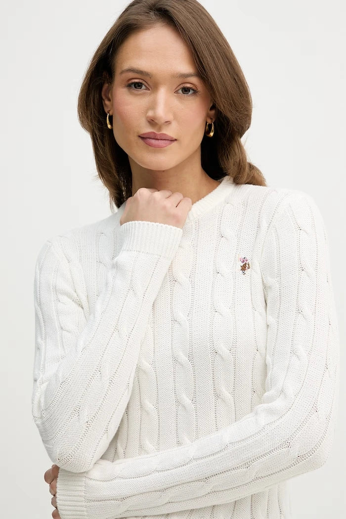U.S. Polo Assn. пуловер дамски от памук CREW NECK CABLE