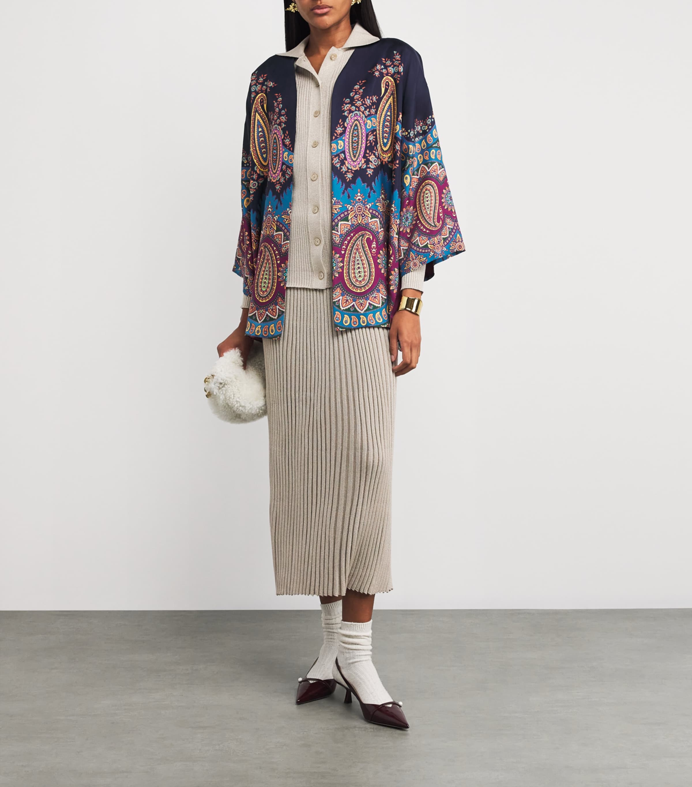 Multi Silk Paisley Print Short Robe