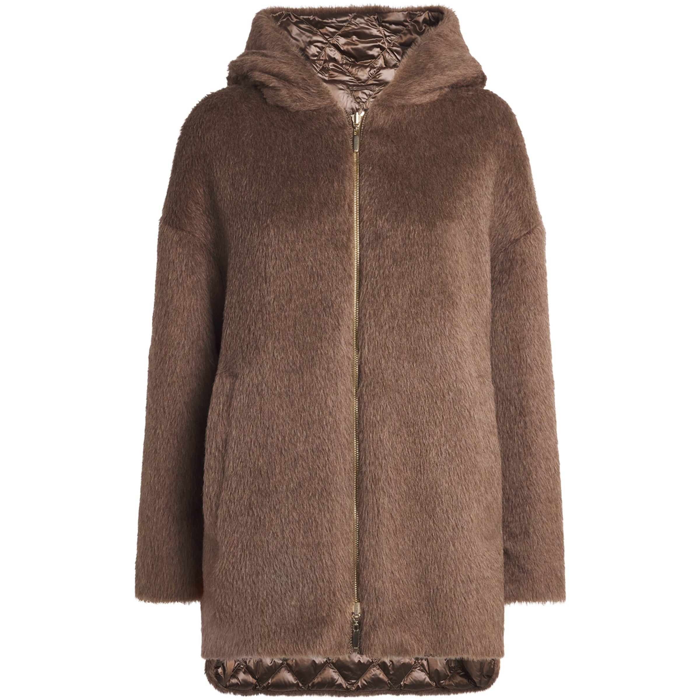 Max Mara Brown Down, Faux Fur and Water-Repellent Reversible Jacket