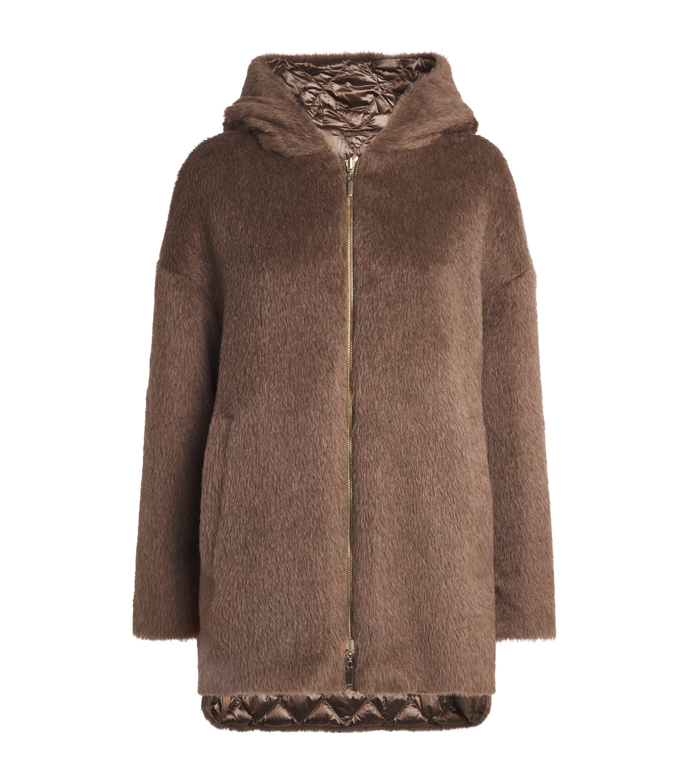 Max Mara Brown Down, Faux Fur and Water-Repellent Reversible Jacket