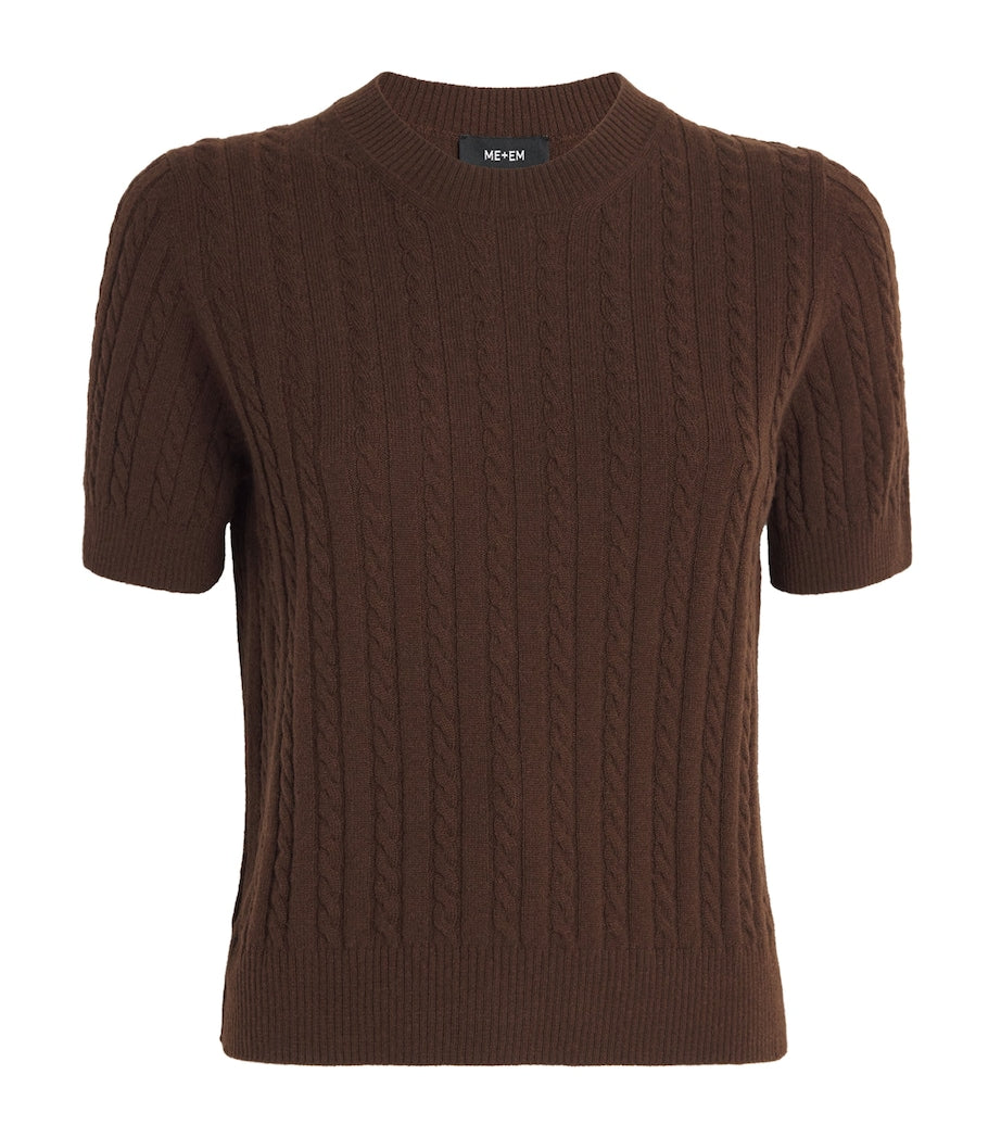 ME+EM Brown Merino Wool-Cashmere Cable-Knit T-Shirt