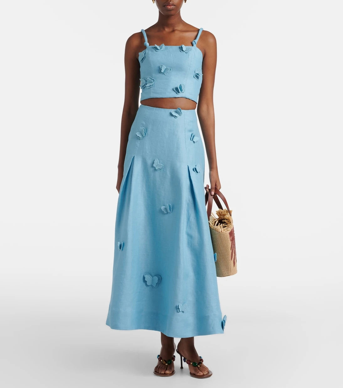 Farm Rio - Patch-appliqué linen midi skirt