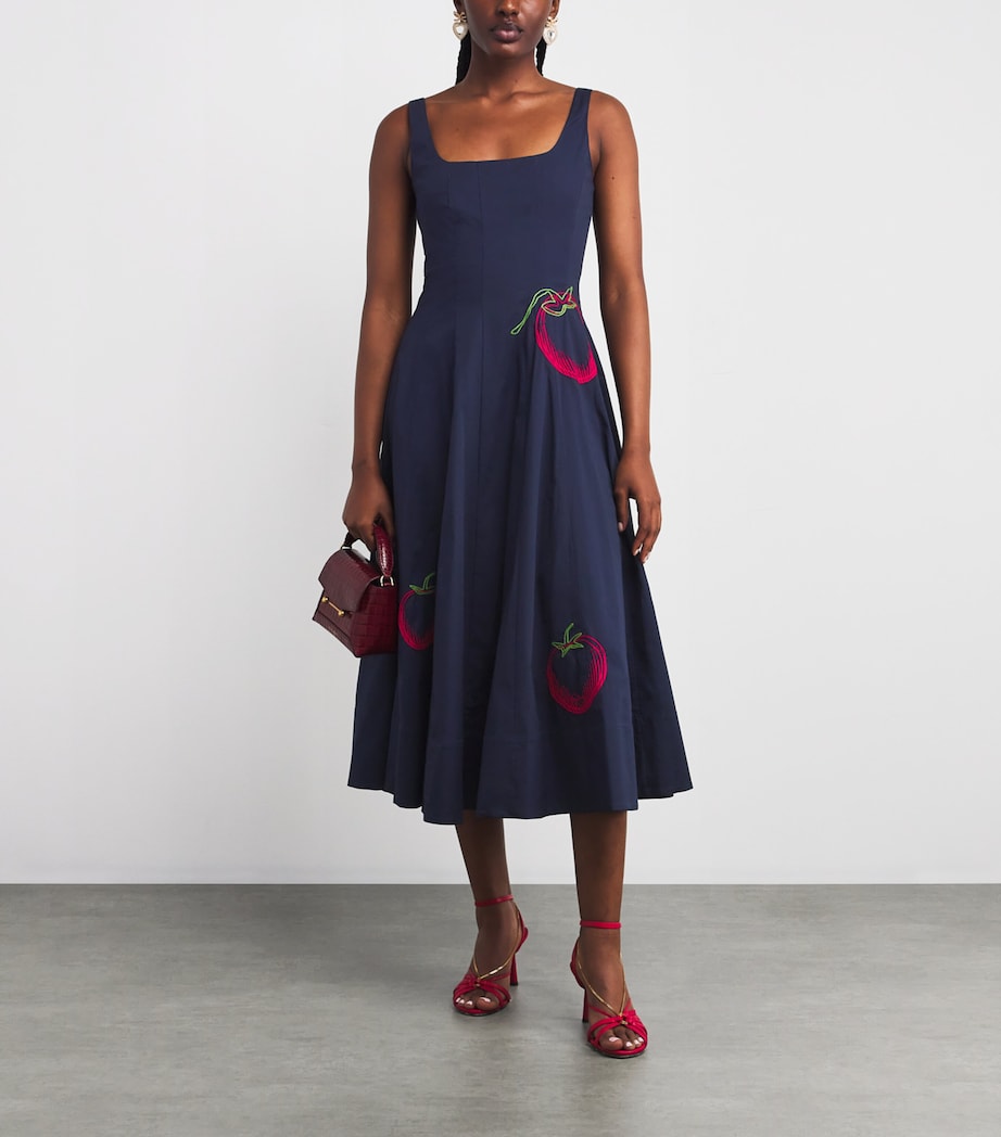STAUD Navy Tomato-Embroidered Wells Midi Dress