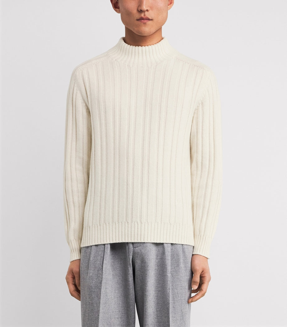 Beige Cashmere Rib Mock-Neck Sweater