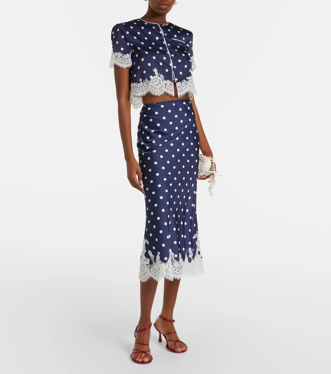 Self-Portrait - Polka-dot satin midi skirt