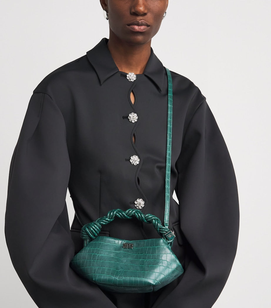 GANNI Green Mini Croc-Embossed Bou Top-Handle Bag