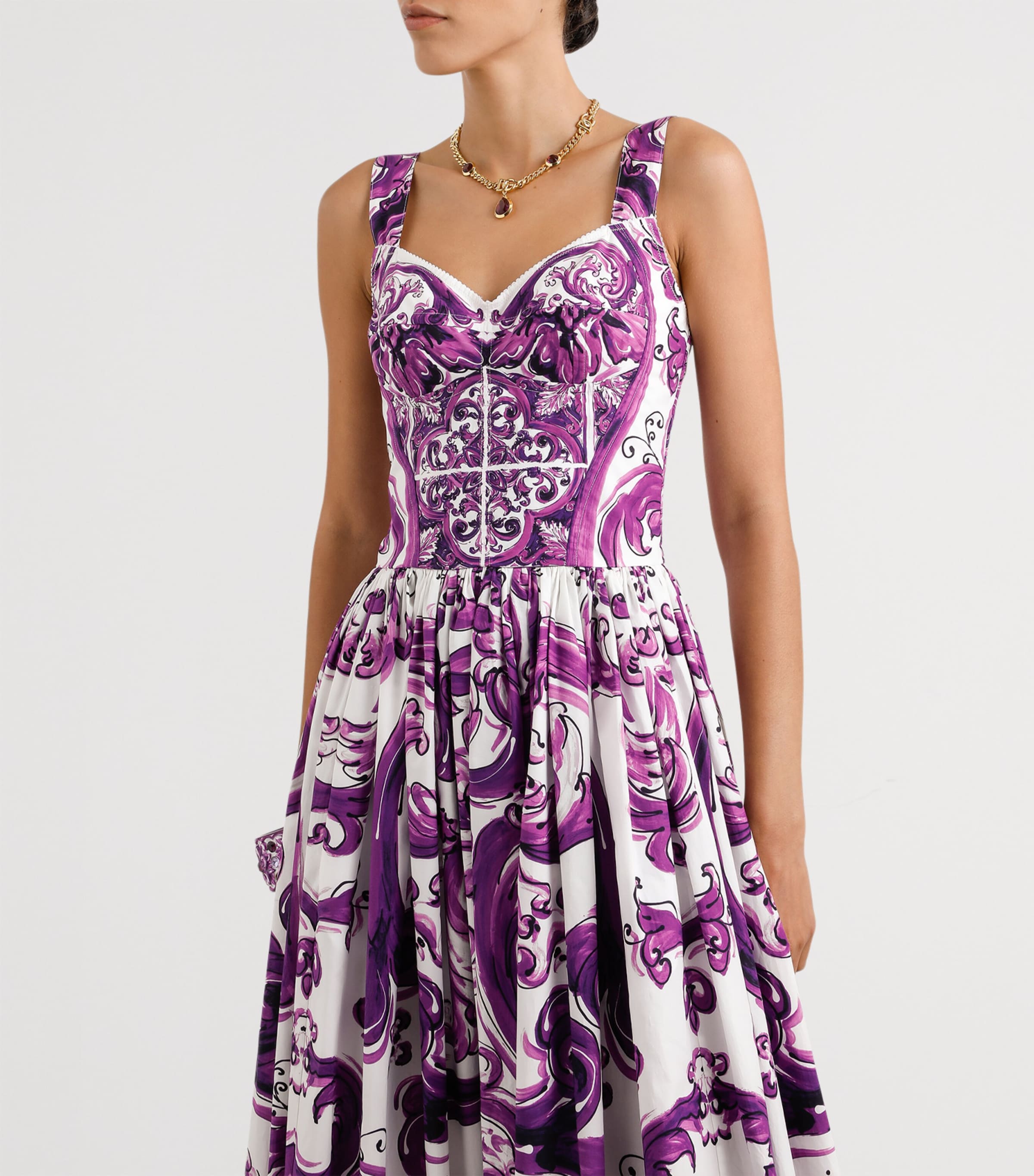 Dolce & Gabbana Multi Cotton Majolica Print Pleated Maxi Dress