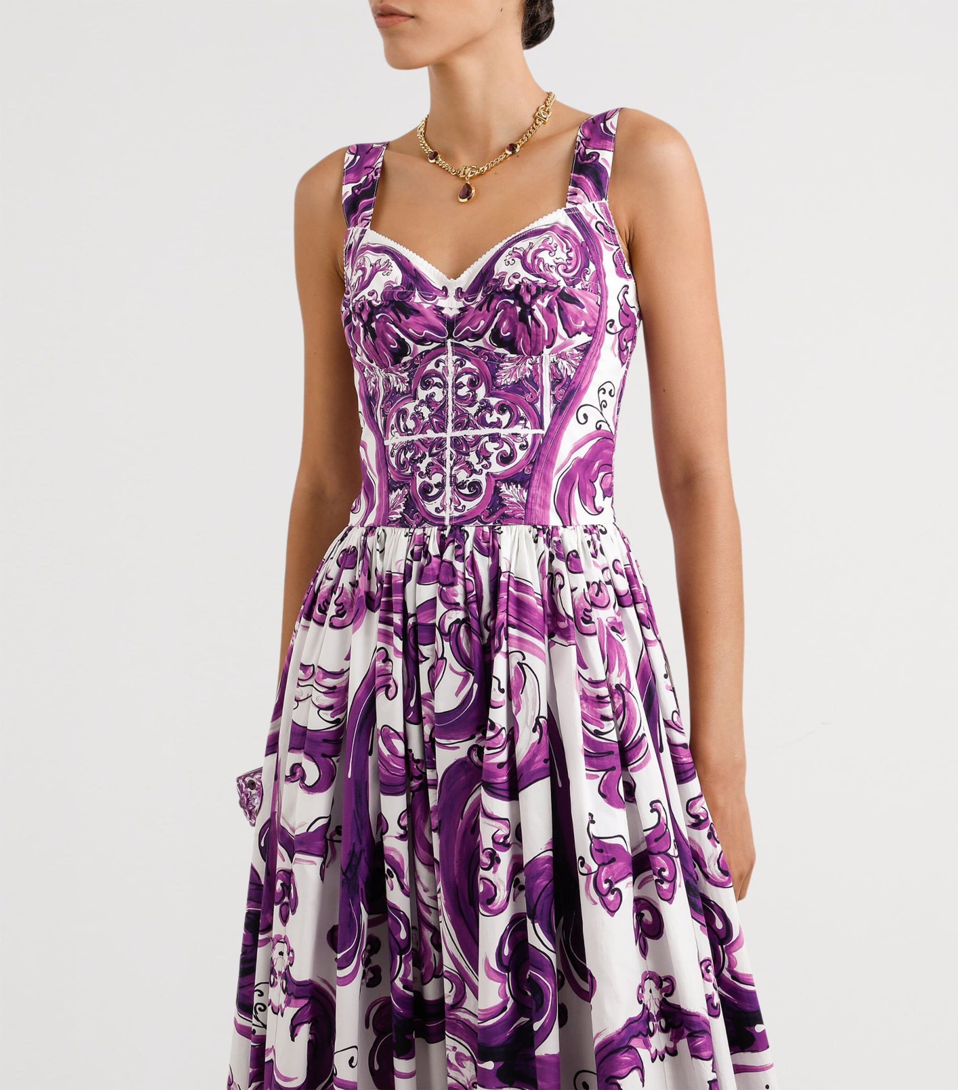 Dolce & Gabbana Multi Cotton Majolica Print Pleated Maxi Dress
