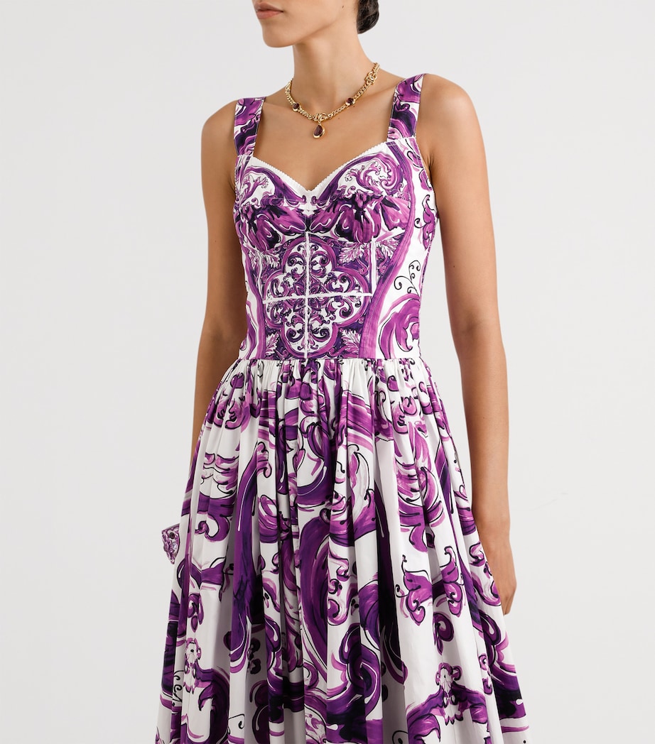 Dolce & Gabbana Multi Cotton Majolica Print Pleated Maxi Dress
