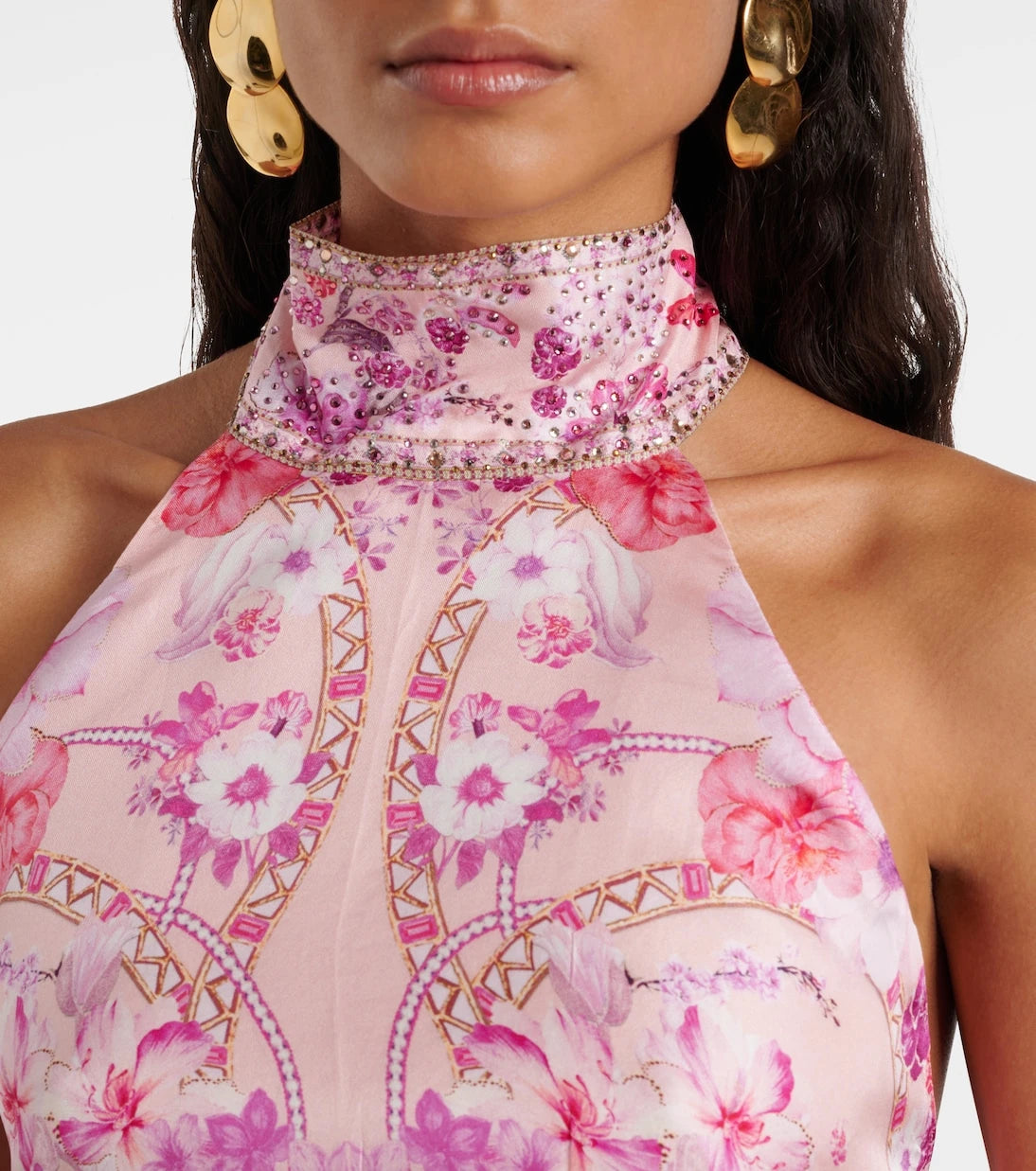 Camilla - Floral embellished silk halterneck top