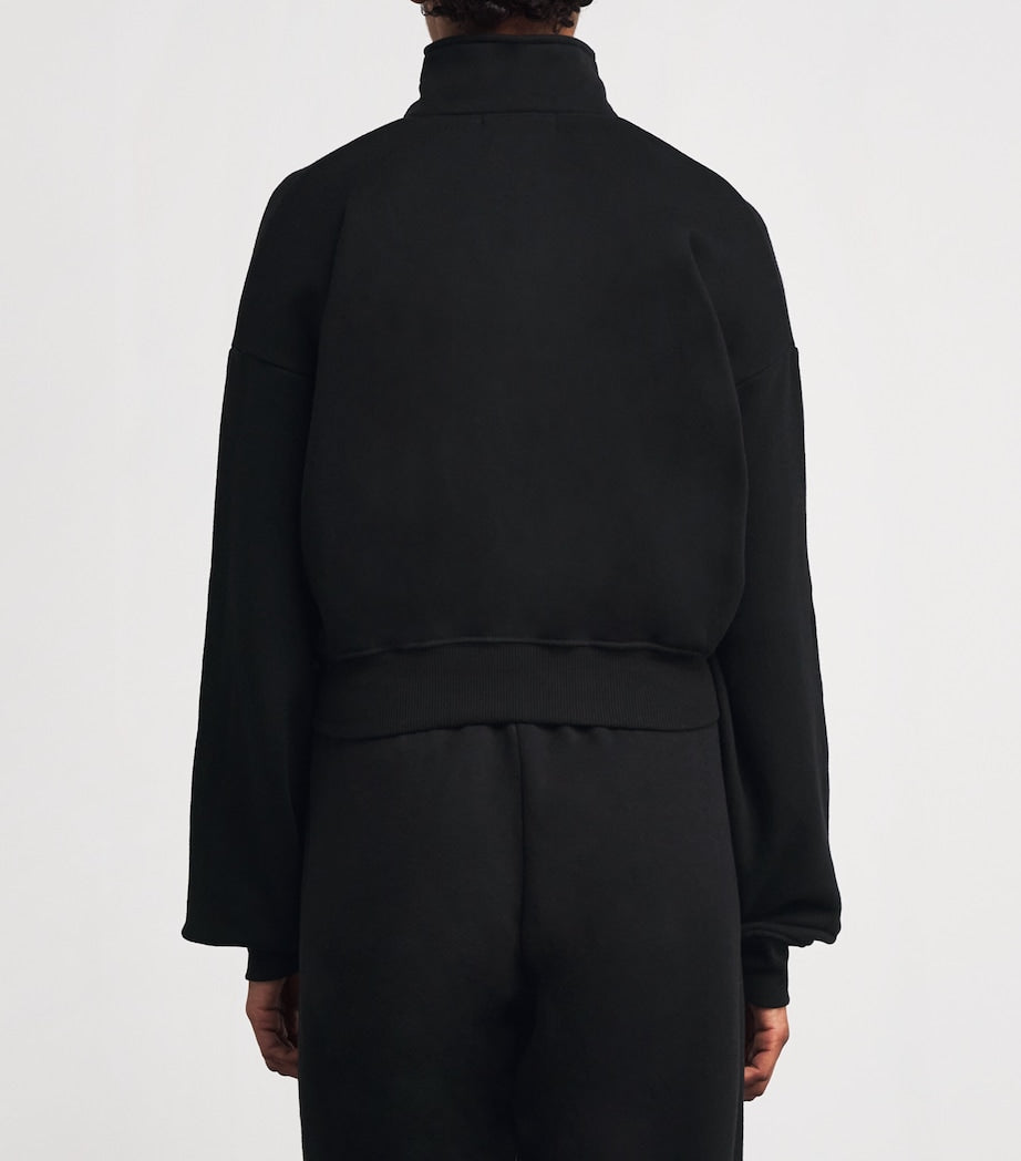 ÉTERNE Black Cropped Cotton-Blend Half-Zip Sweatshirt