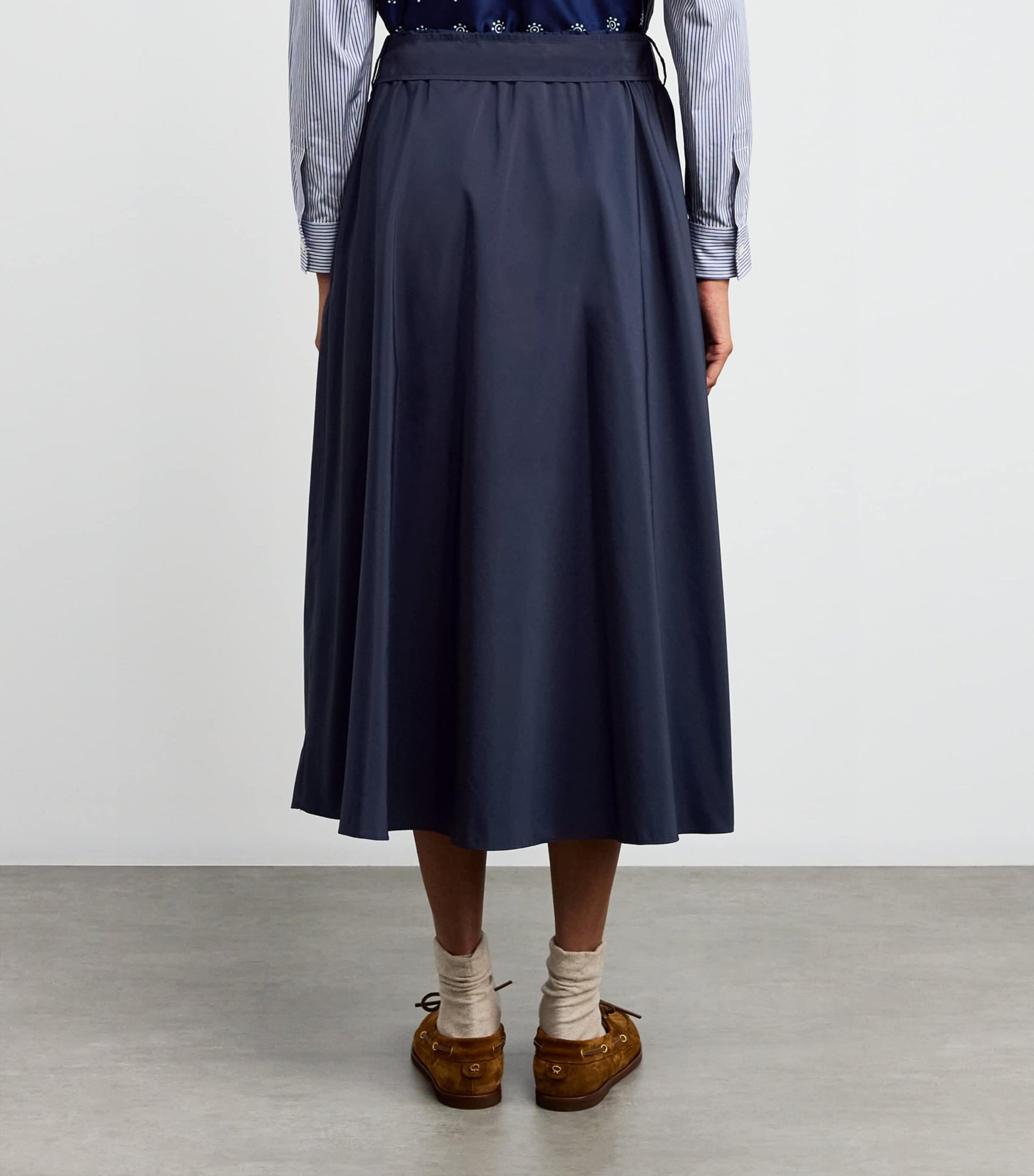 Blue Taffeta Tie-Belt Midi Skirt