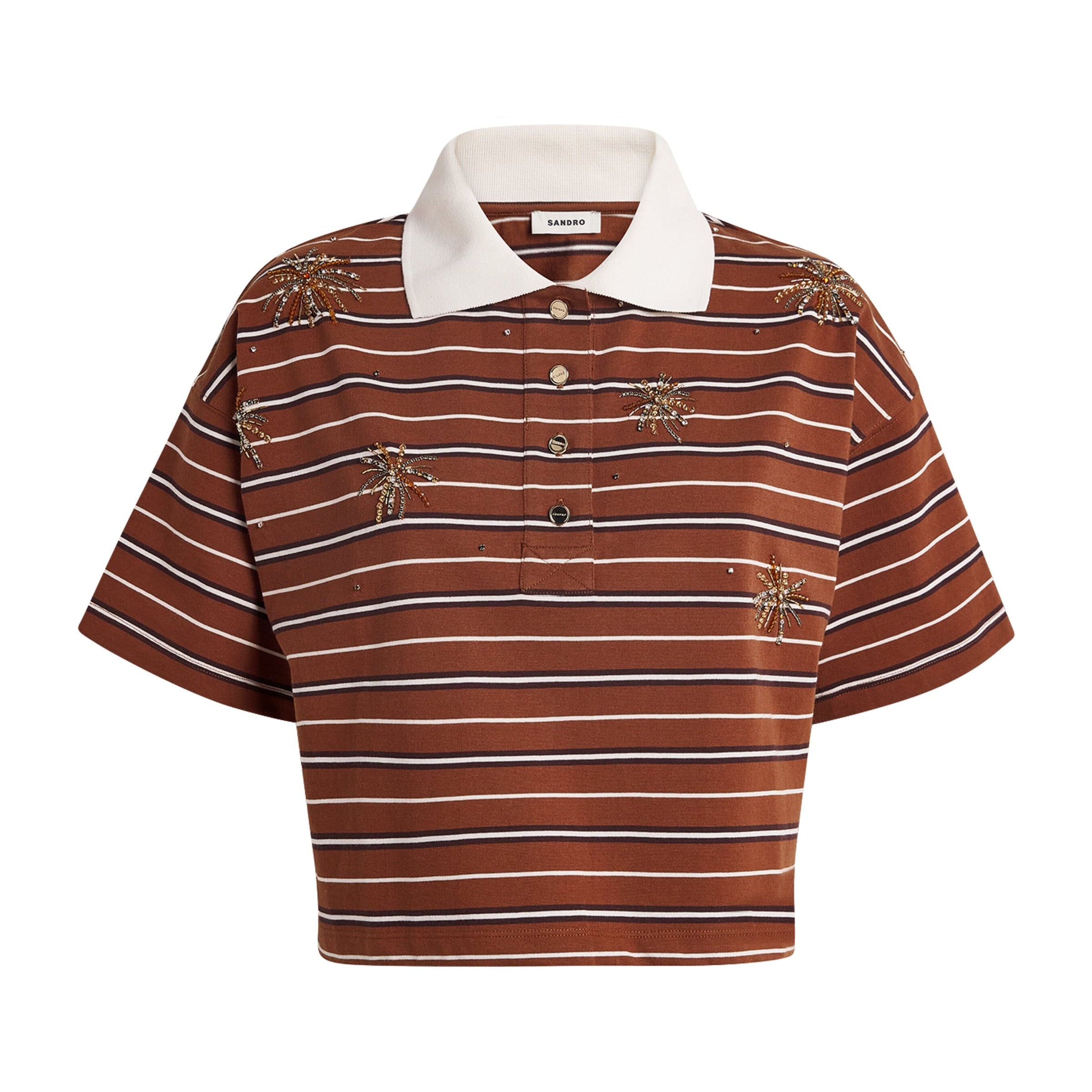 Brown Cotton Stripe Embellished Polo Shirt