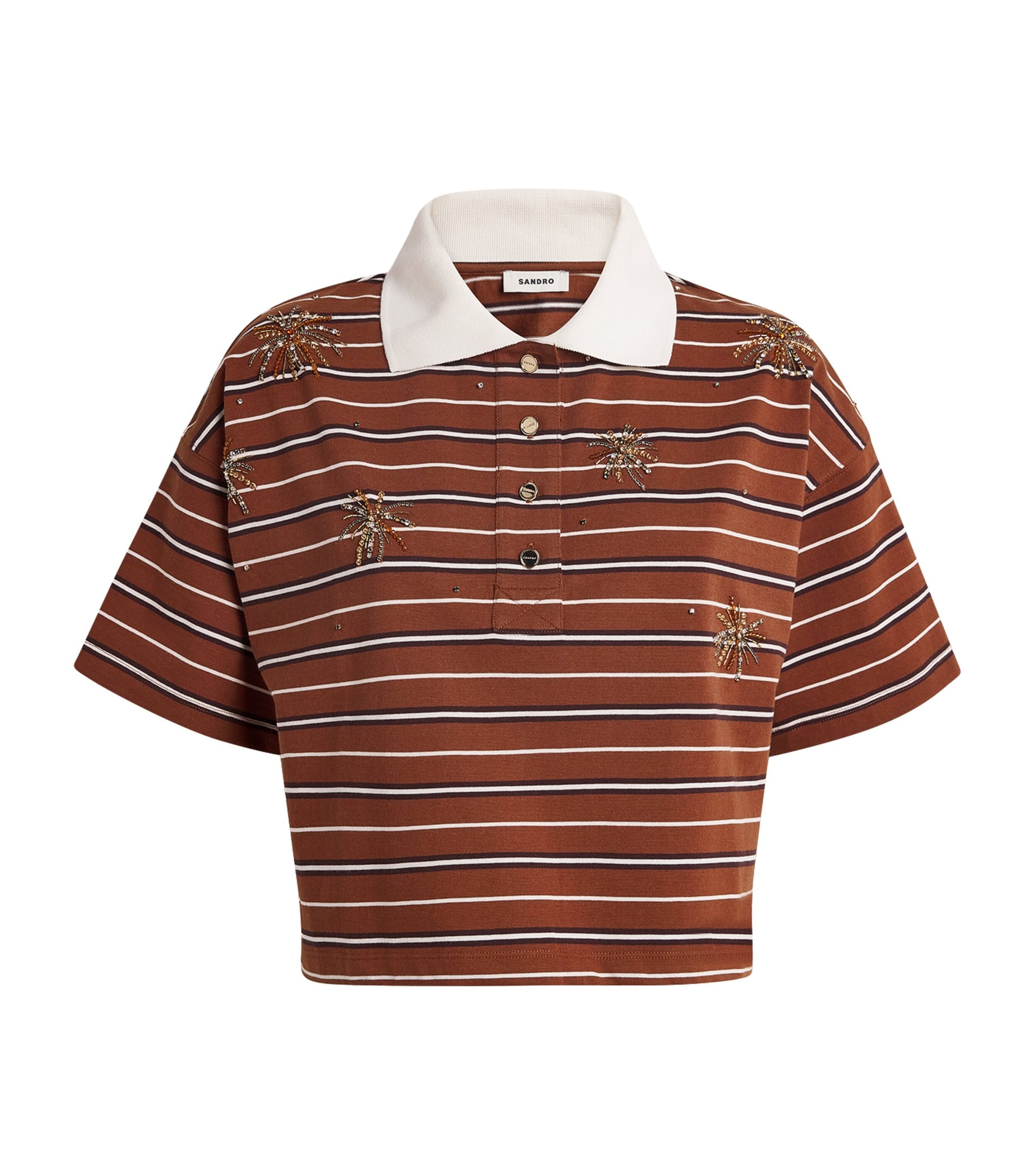 Brown Cotton Stripe Embellished Polo Shirt