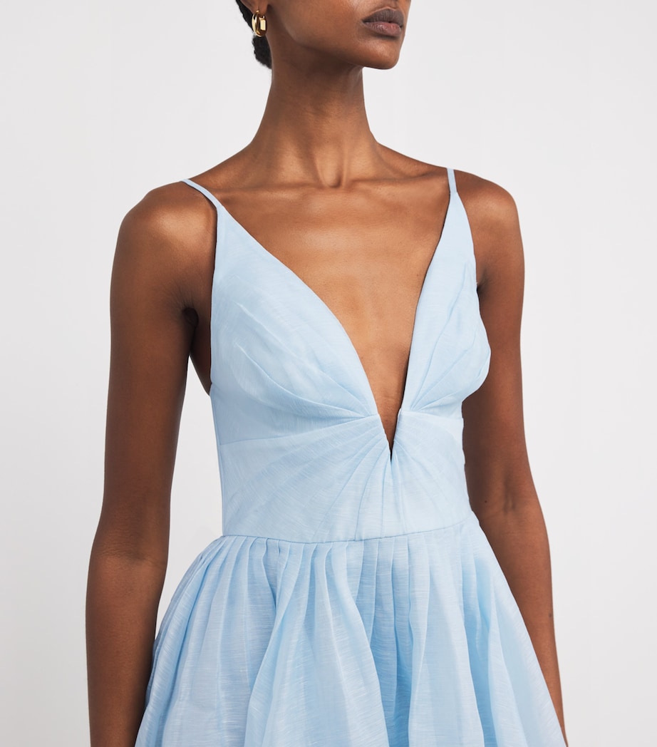 Blue Linen-Silk Plunge-Neck Mini Dress