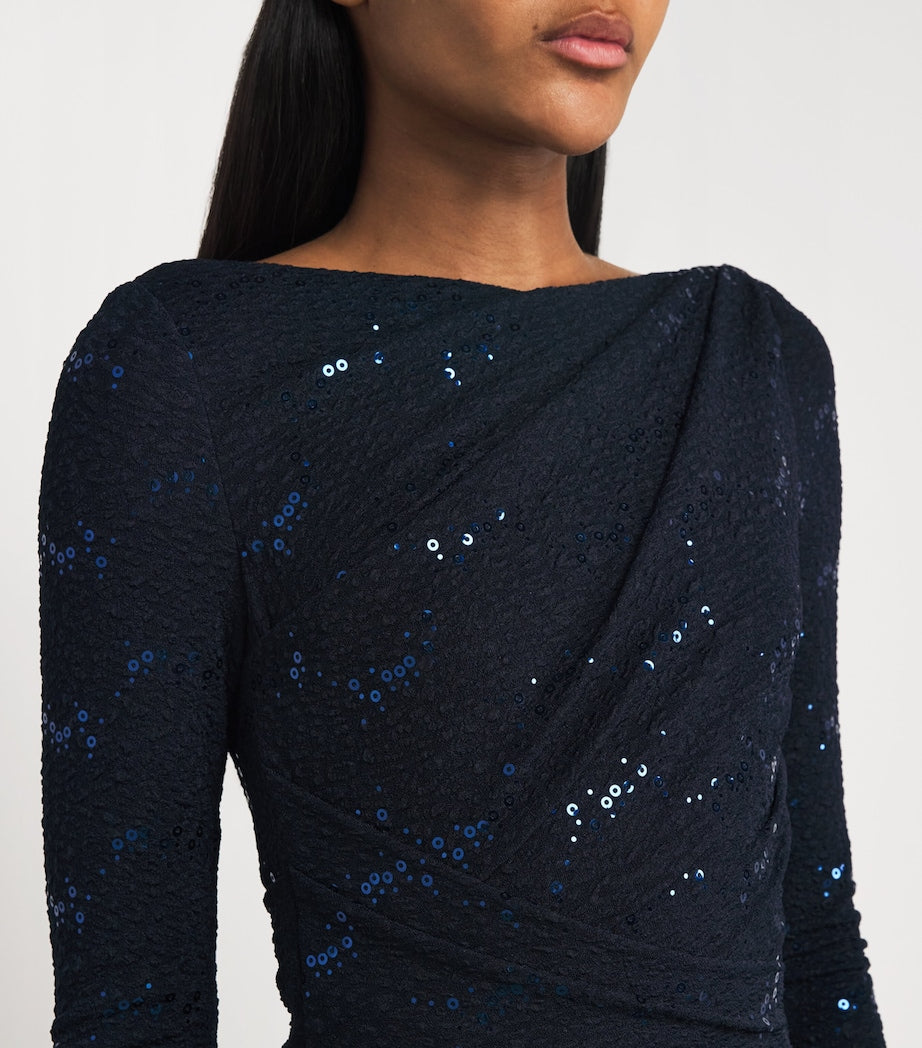 Talbot Runhof Navy Embellished Asymmetric Gown
