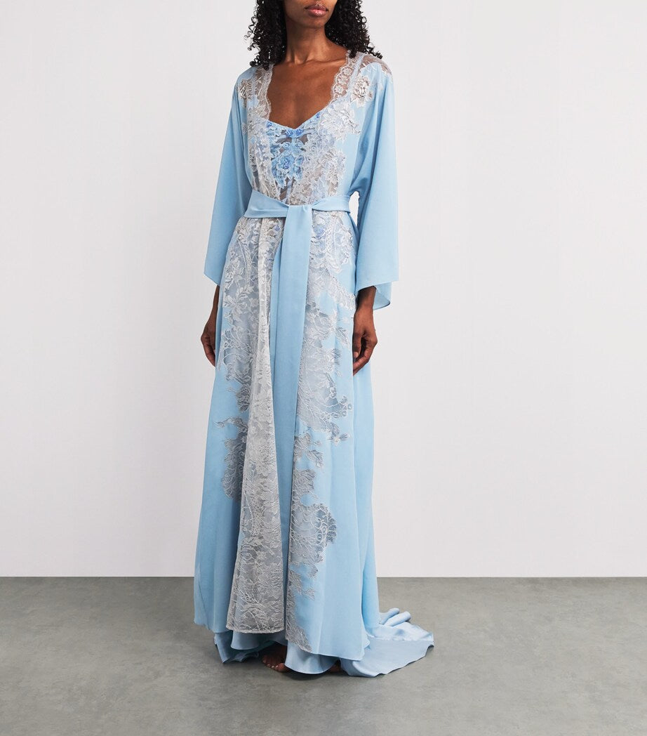 Rosamosario Blue Silk Lace-Trim Robe