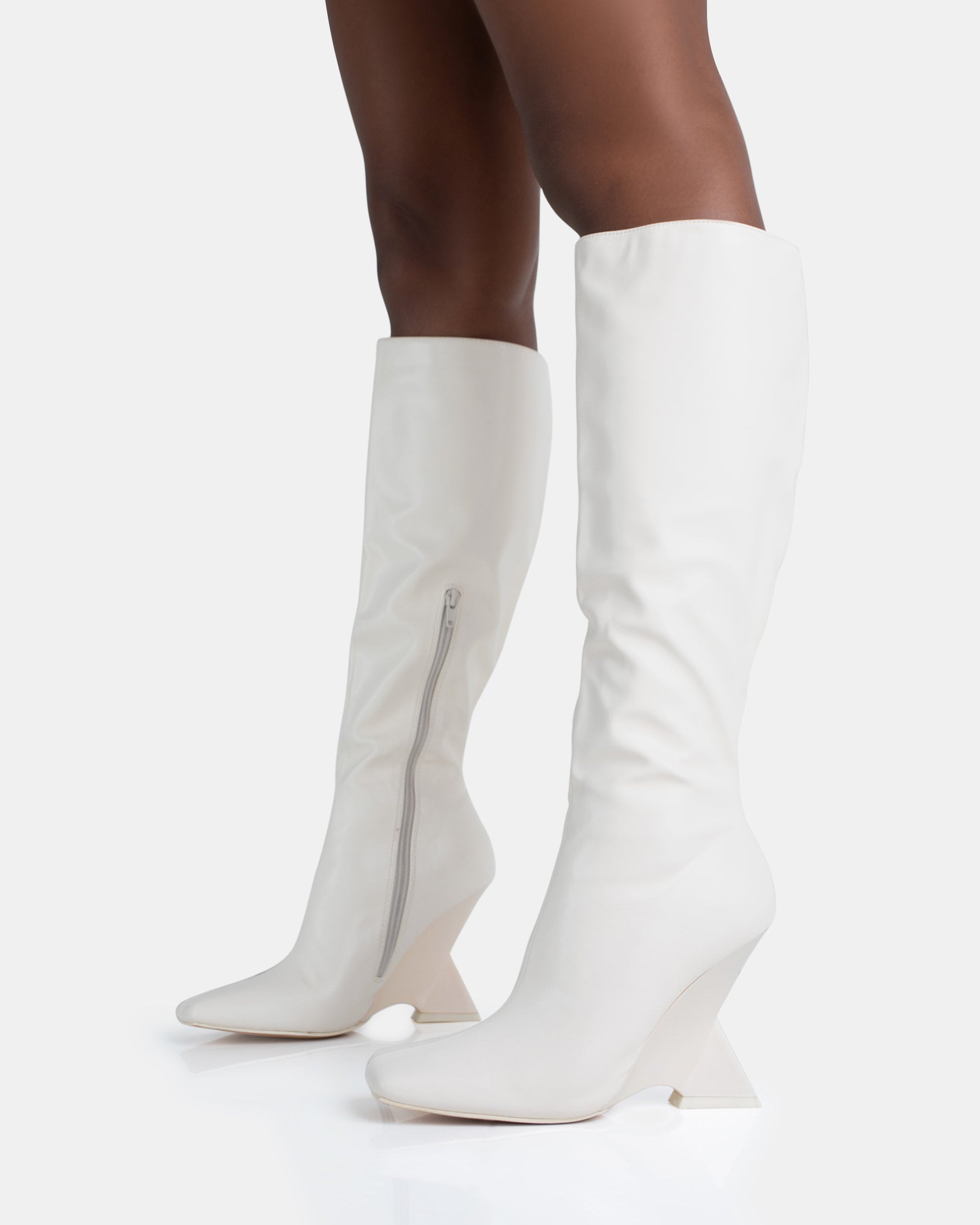 Vanessa Ecru PU Inverted Wedge Square Toe Heeled Knee High Boots