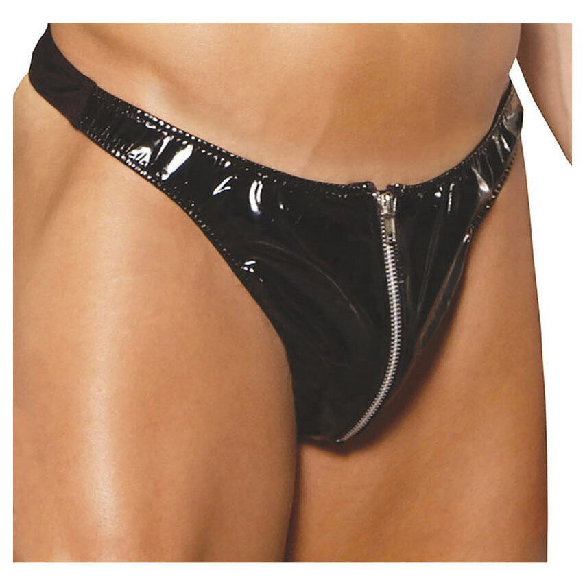 Men's Zip up Black Vinyl Thong