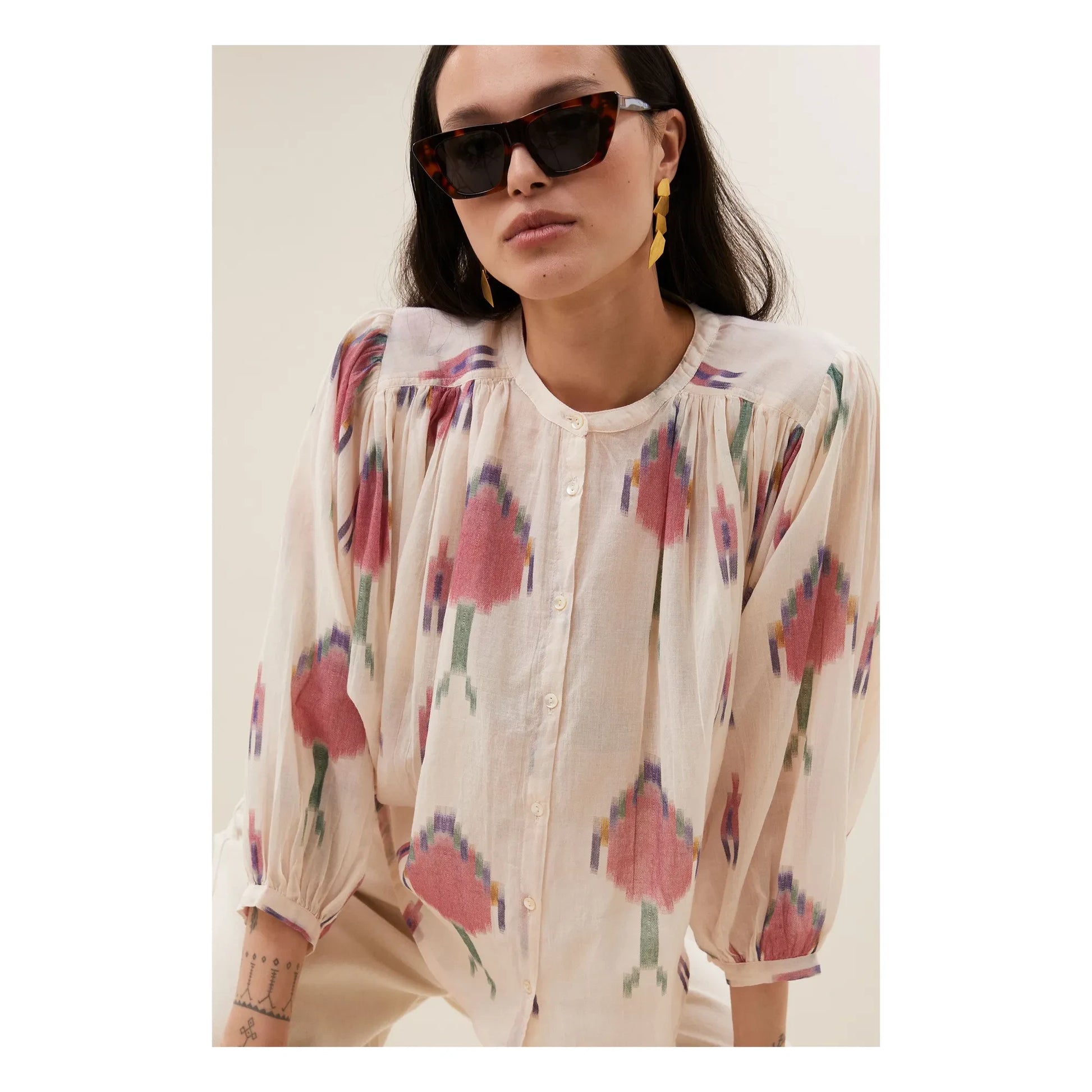 By Bar - Becky Ikat Organic Cotton Blouse | White