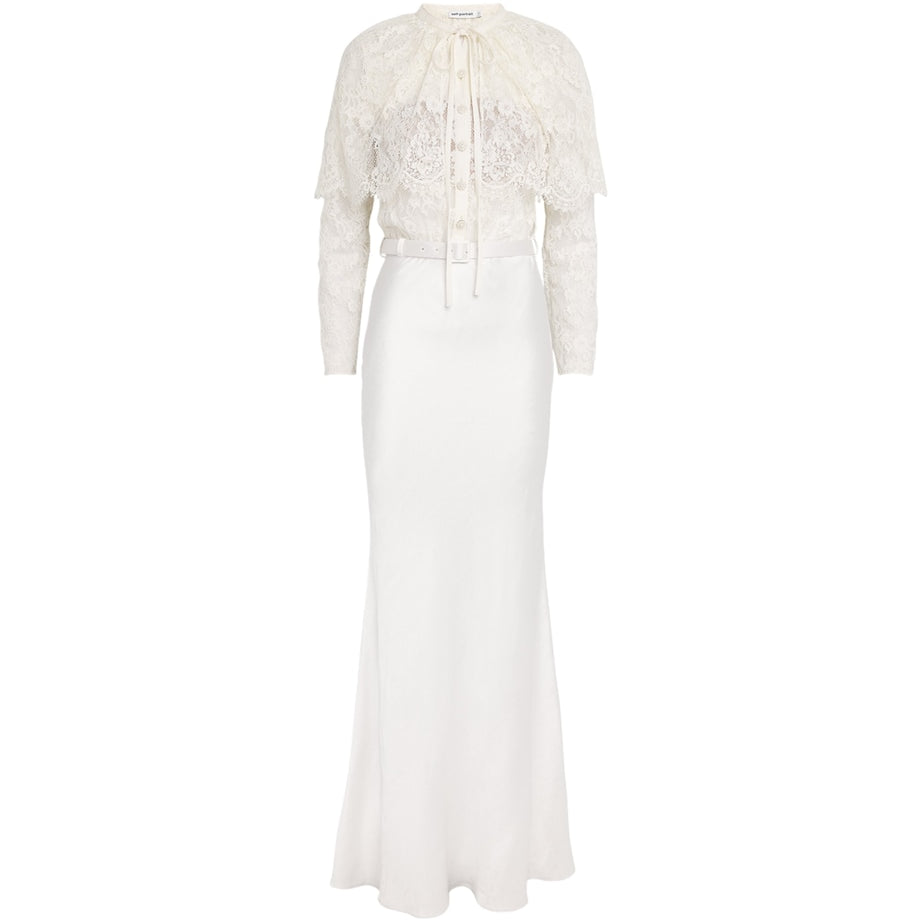 Self-Portrait White Lace Belted Maxi Dress