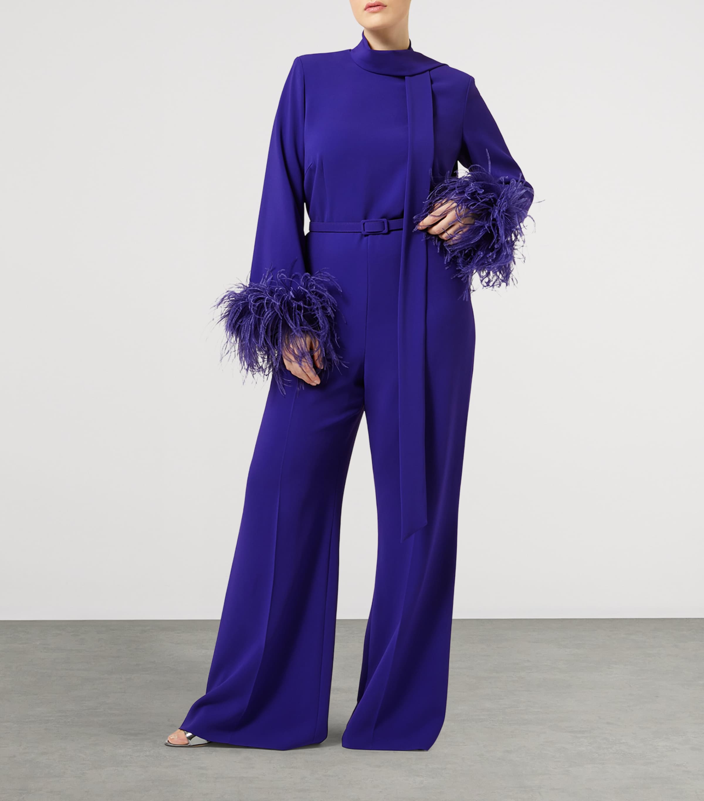 Marina Rinaldi Purple Feather-Trim Jumpsuit