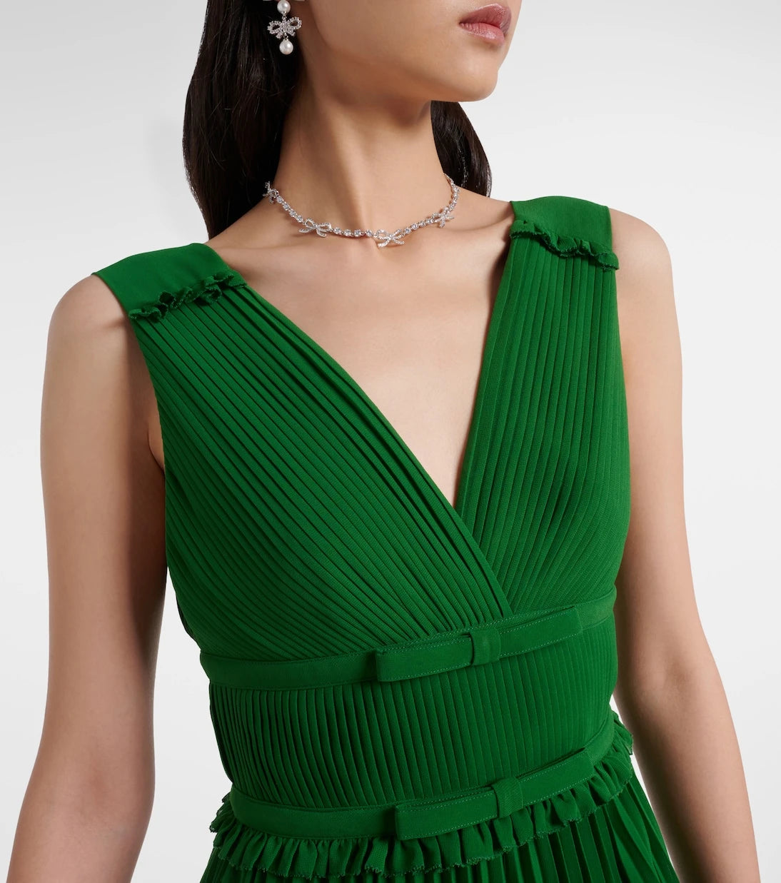 Self-Portrait - Lace-trimmed plissé chiffon midi dress