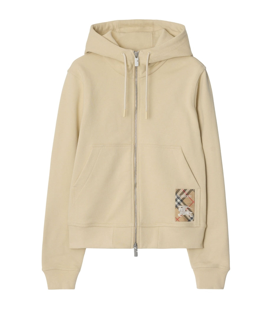 Beige Cotton Check-Patch Hoodie