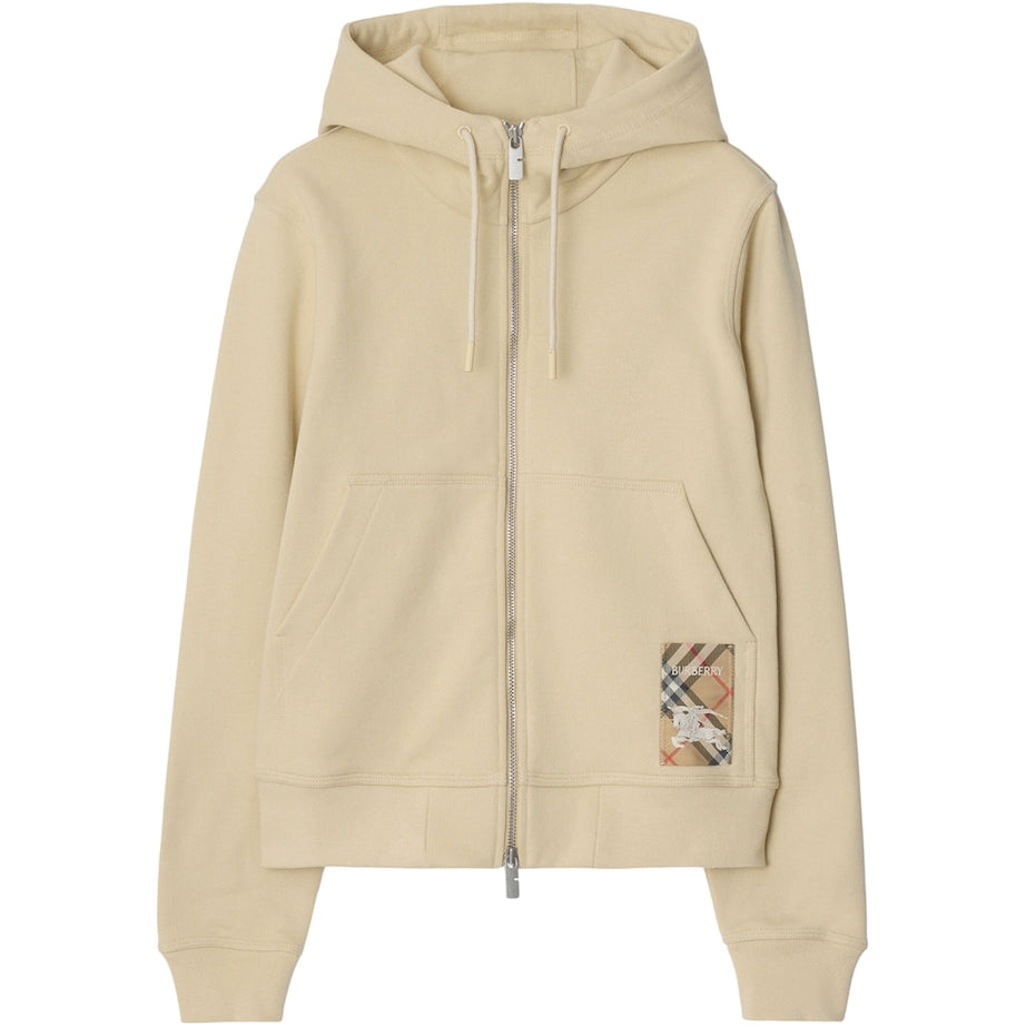 Beige Cotton Check-Patch Hoodie