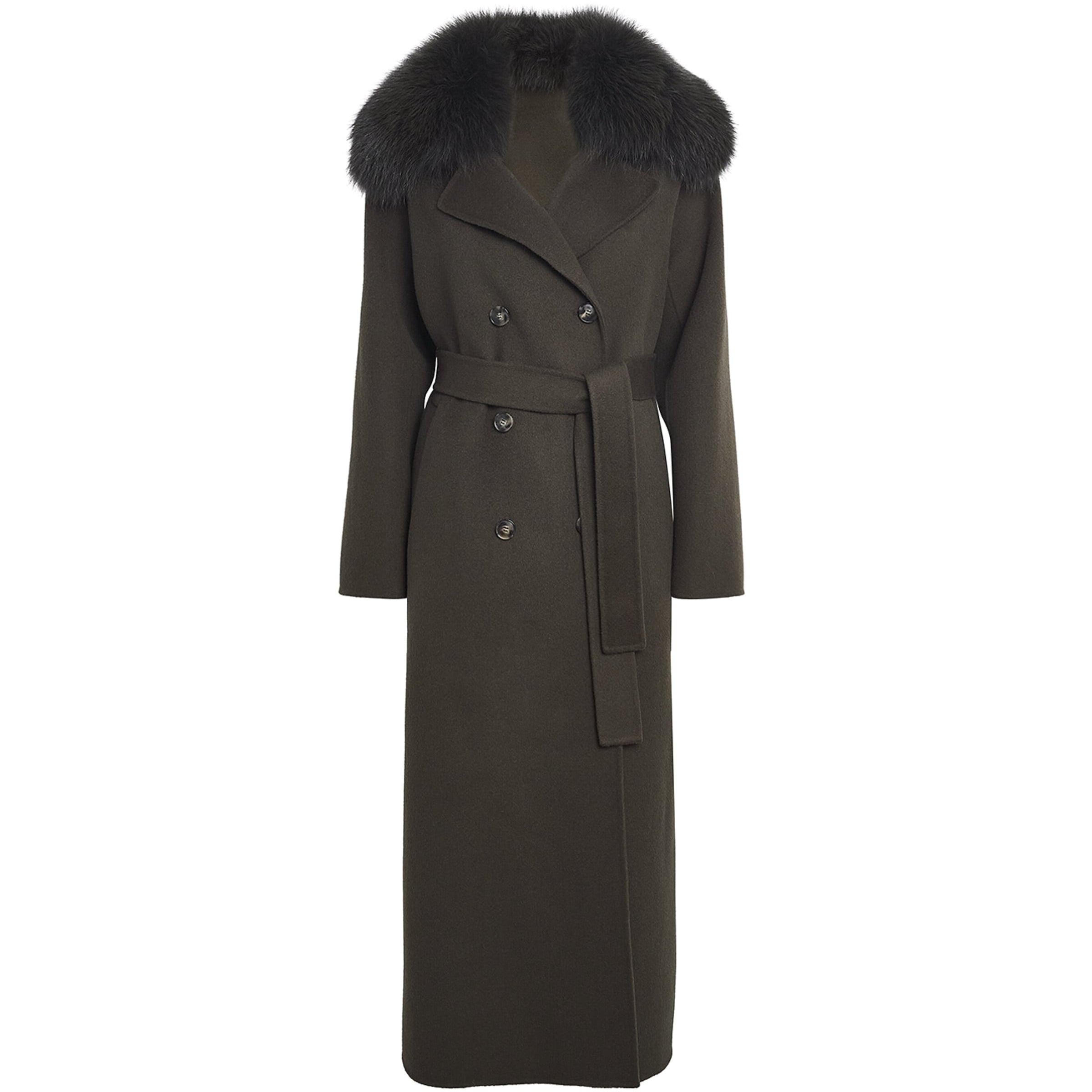 Yves Salomon Beige Fur-Trim Double-Breasted Coat