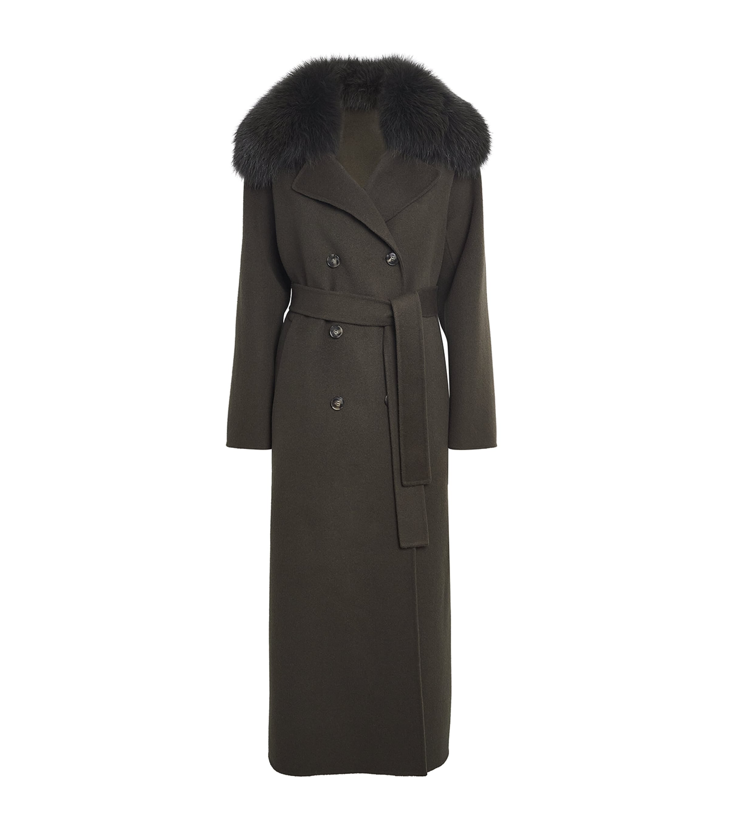 Yves Salomon Beige Fur-Trim Double-Breasted Coat