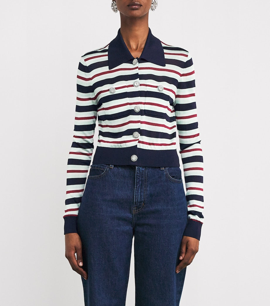 Self-Portrait Blue Crystal-Embellished Stripe Cardigan