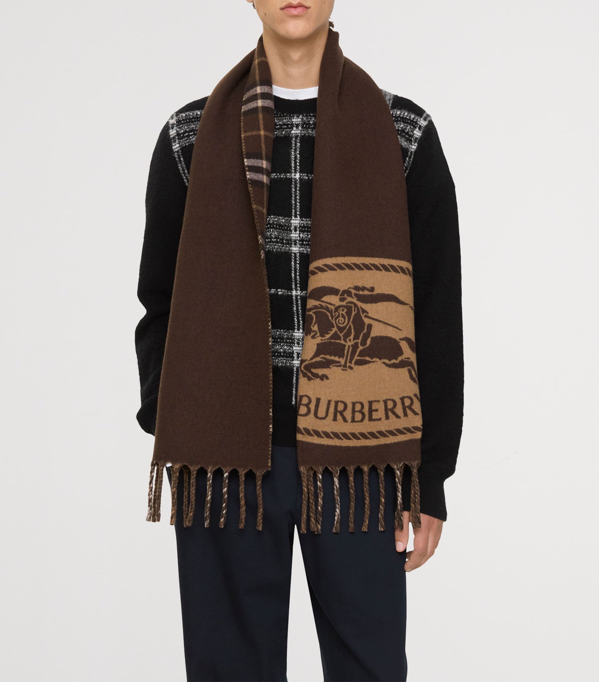 Brown Cashmere Reversible Check EKD Scarf