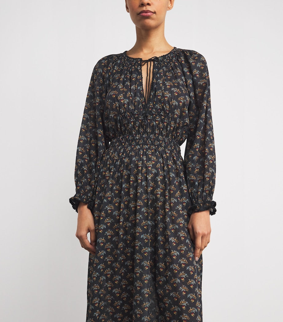 DÔEN Black Organic Cotton Voile Delfina Midi Dress