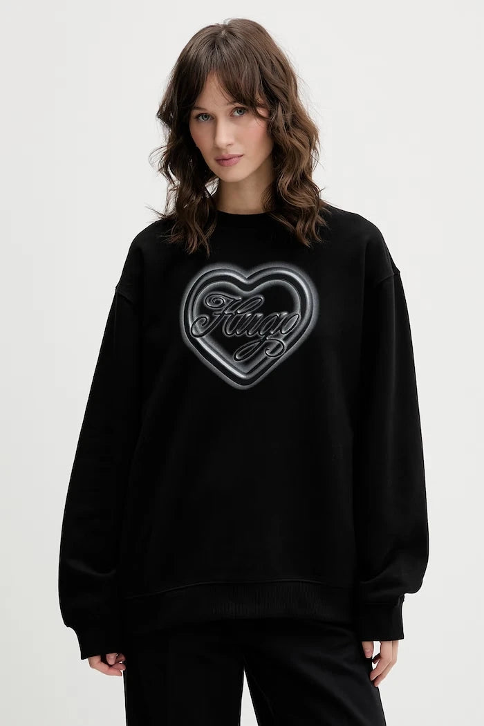 HUGO Mavi pamuklu kadın oversize sweatshirt Classic Crew_B_3