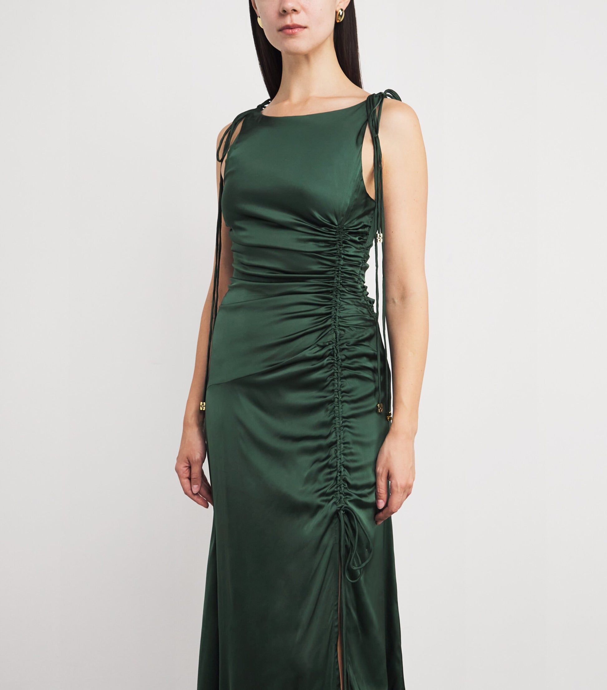 GANNI Green Satin Ruched Maxi Dress