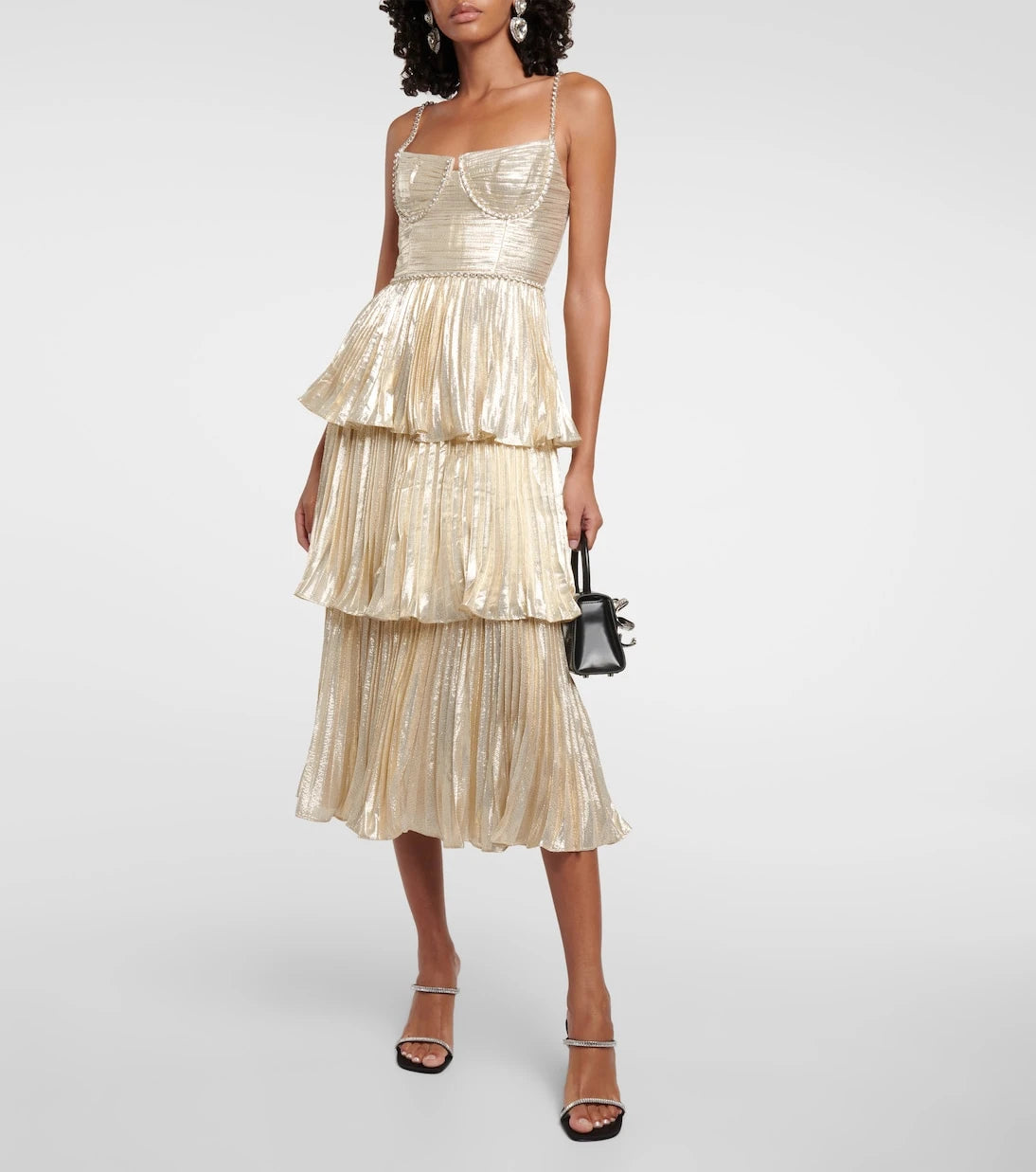 Self-Portrait - Metallic Tiered Midi Dress