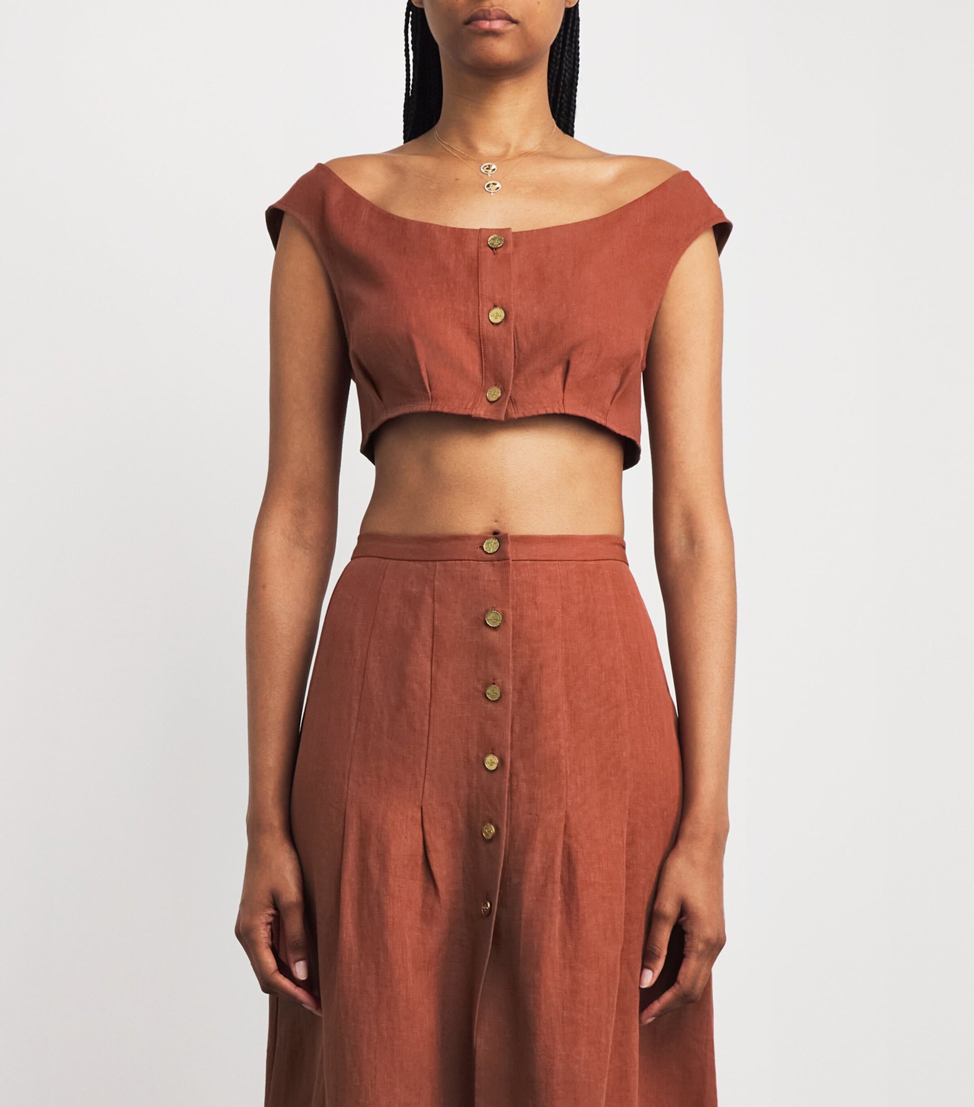 Le Kasha Red Linen Coin-Detail Tamra Crop Top