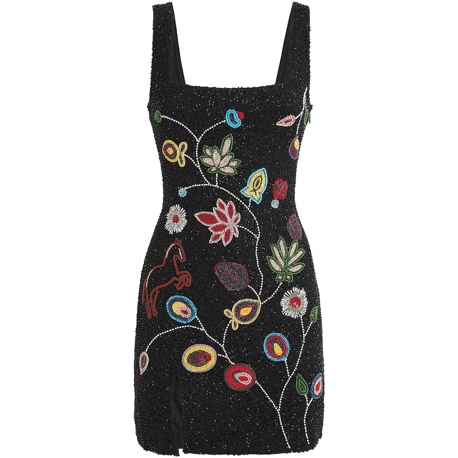 STAUD Black Beaded Floral Le Sable Mini Dress