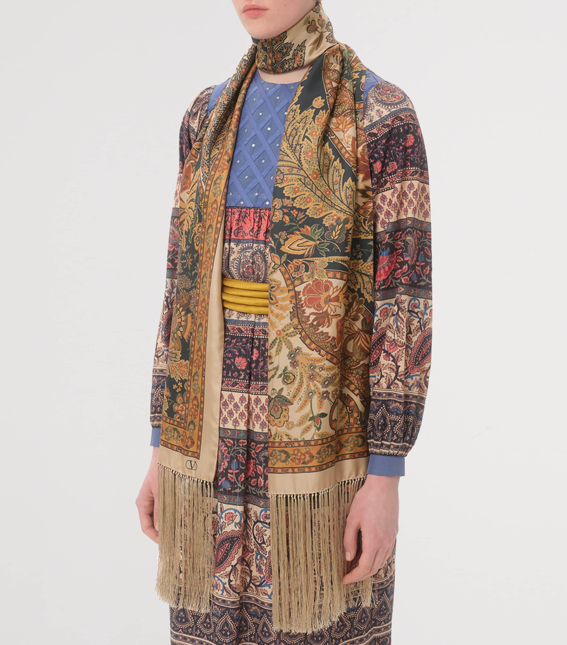 Valentino Garavani Navy Silk Fringed Printed Scarf