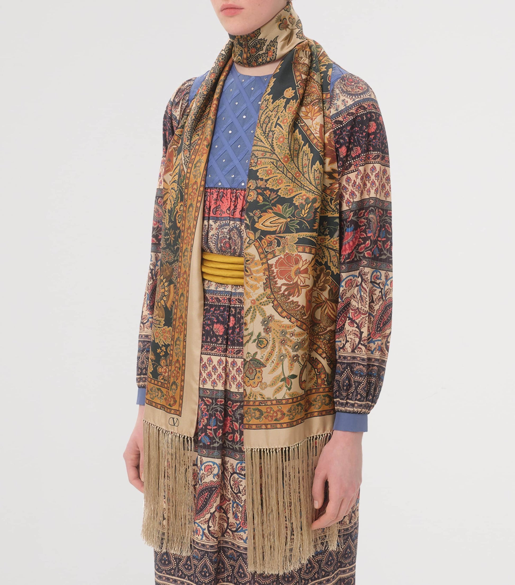 Valentino Garavani Navy Silk Fringed Printed Scarf