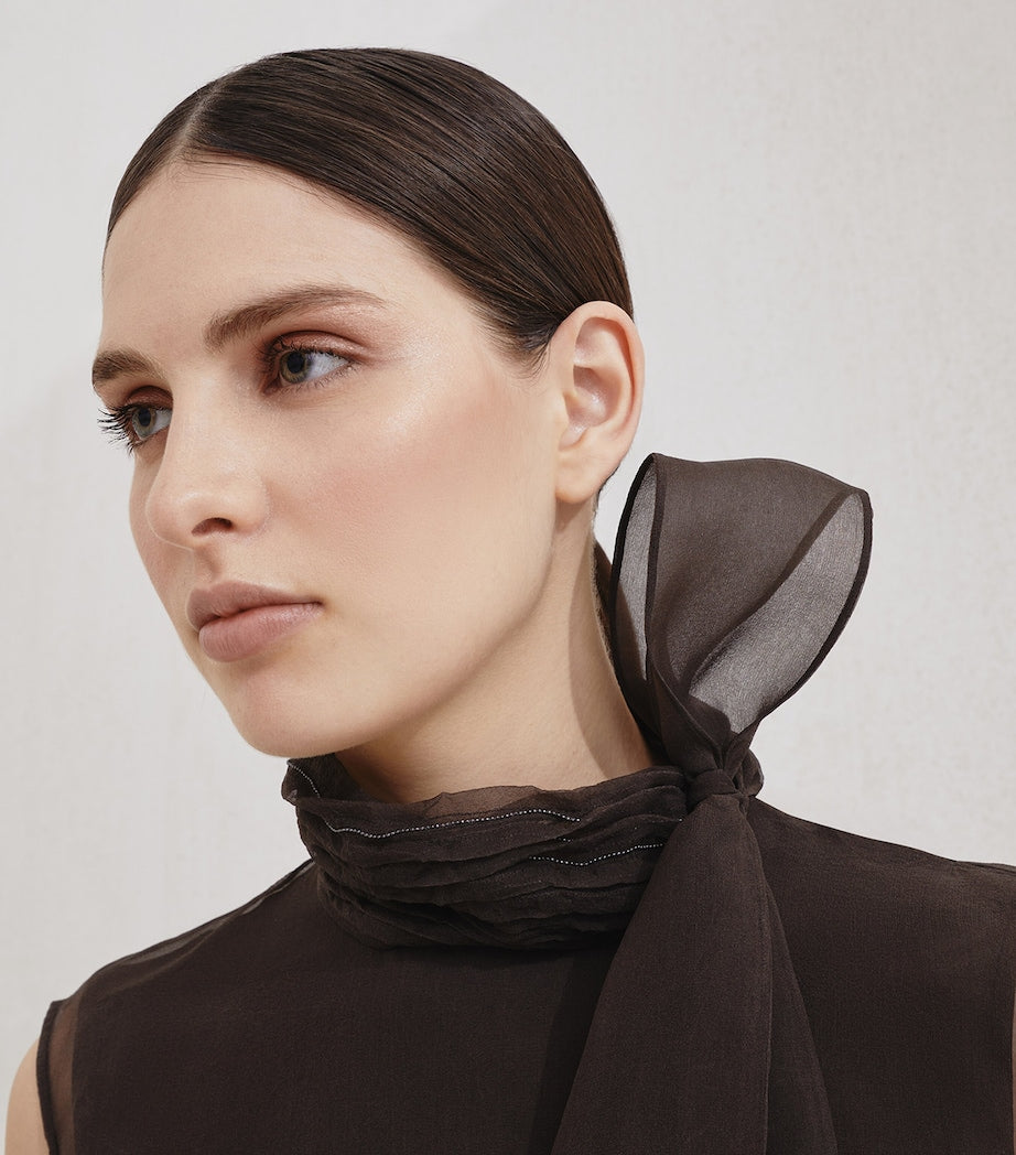 Brunello Cucinelli Brown Silk Pussybow Sleeveless Top