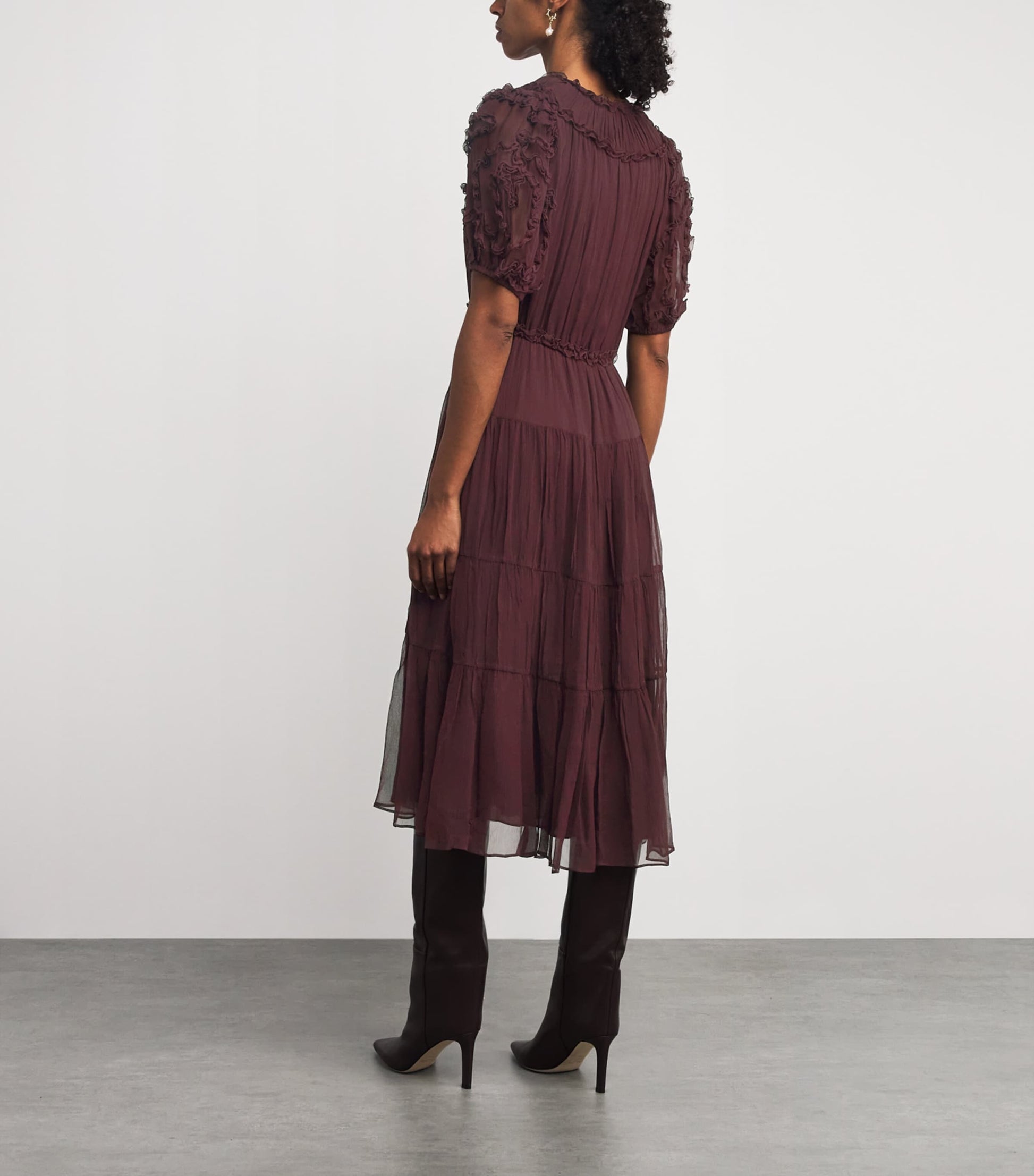 Ulla Johnson Burgundy Silk Ruffled Nan Midi Dress