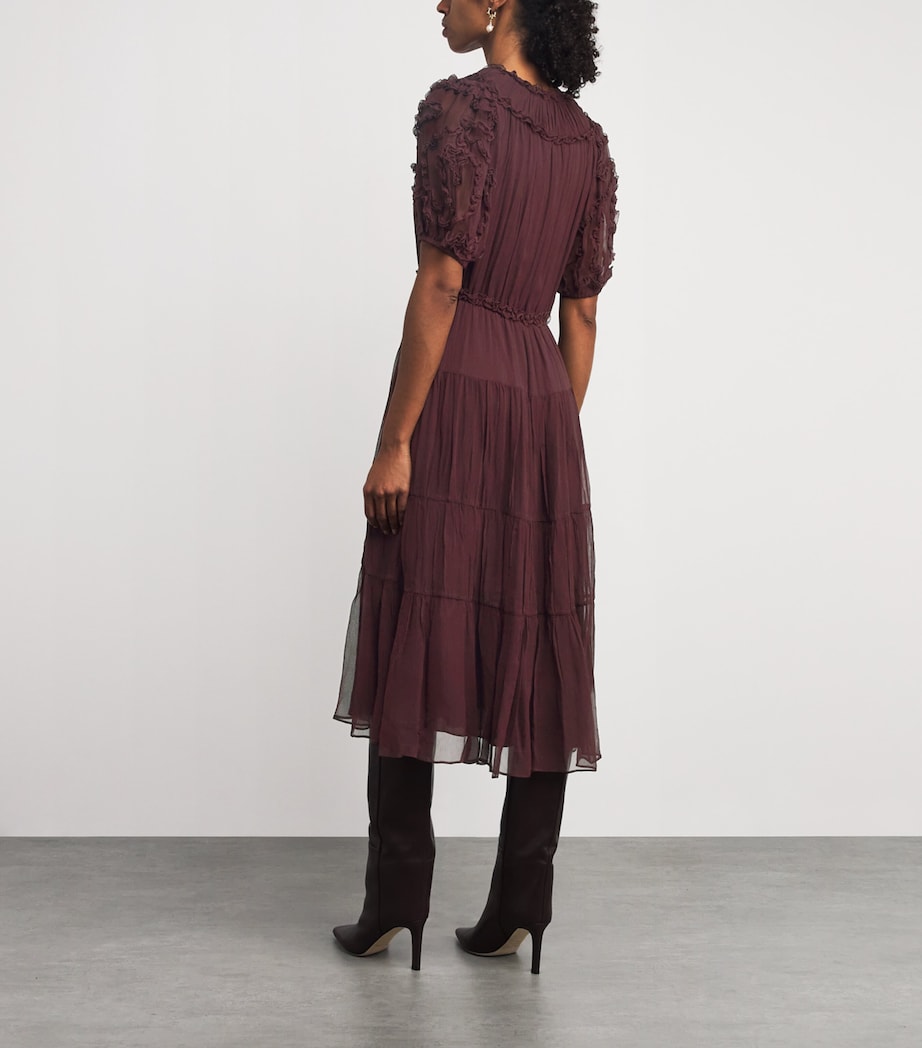 Burgundy Silk Ruffled Nan Midi Dress