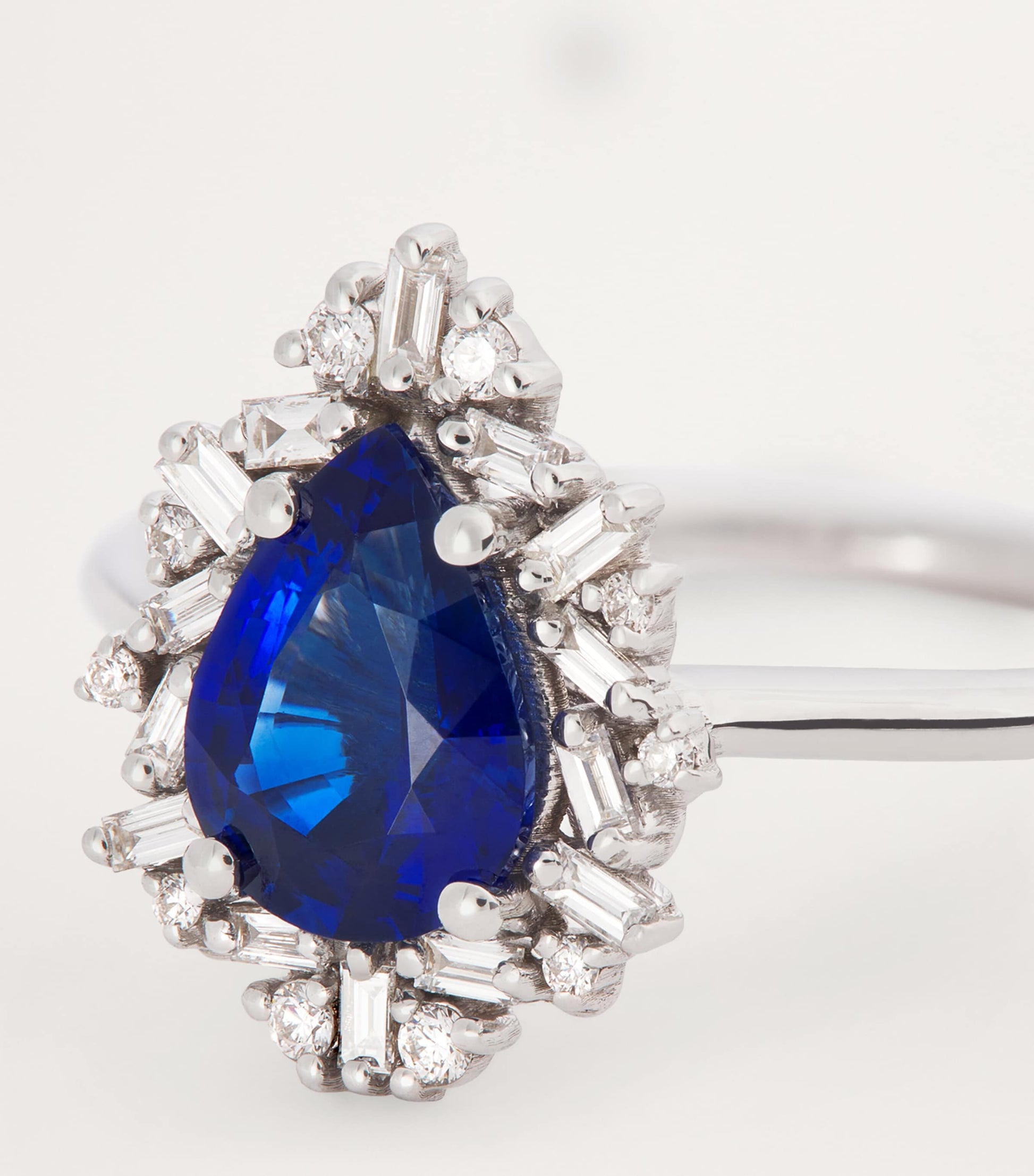 White Gold, Sapphire and Diamond One of a Kind Teardrop Ring (Size 6.75)