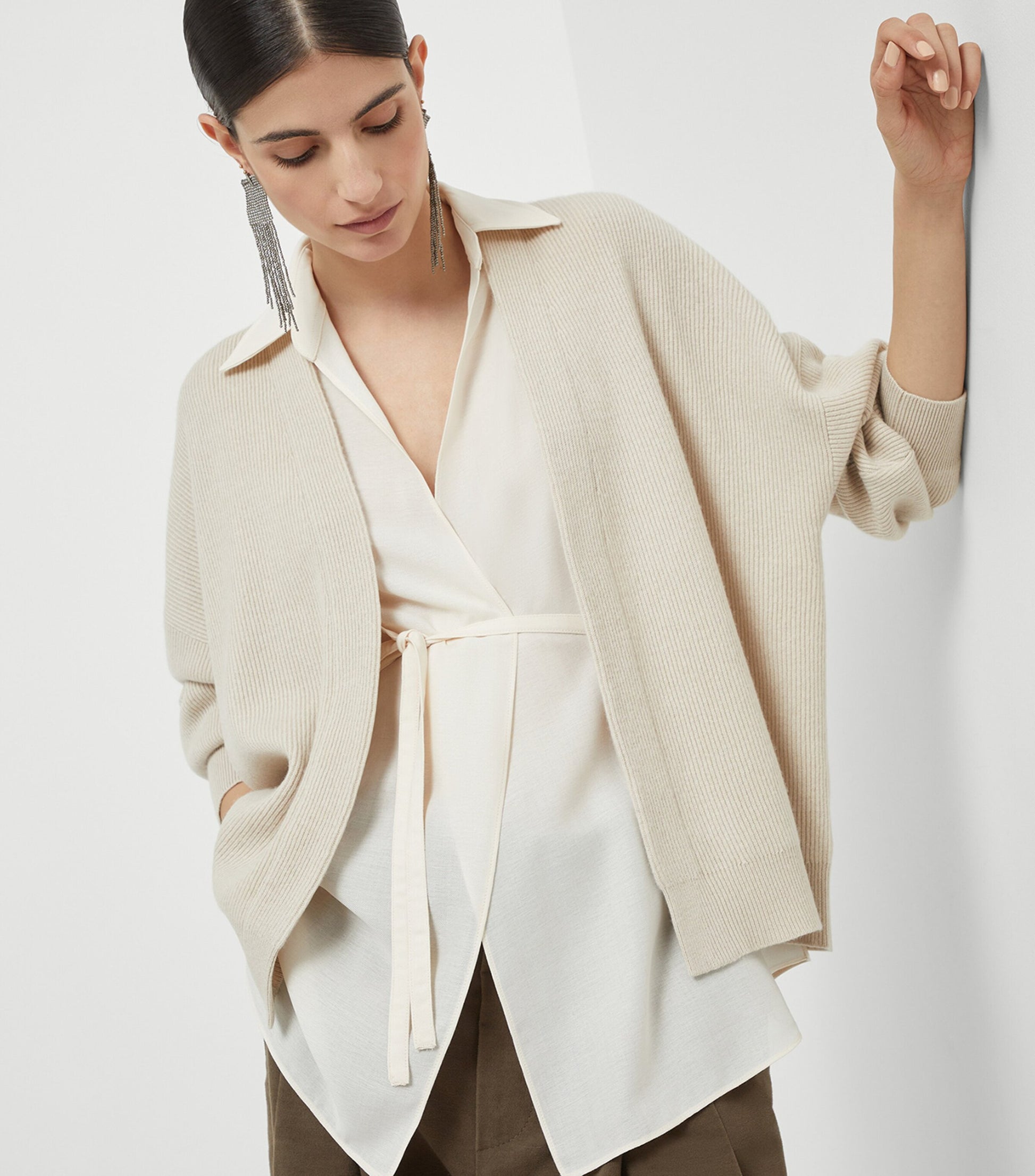 Brunello Cucinelli Beige Cashmere Removable-Blouse Cardigan